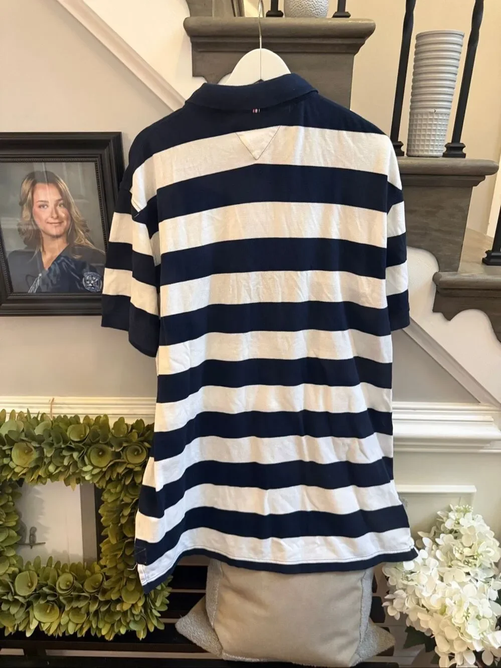 Tommy Hilfiger Navy & White Stripe Embroidered H Polo Shirt sz XXLT EUC